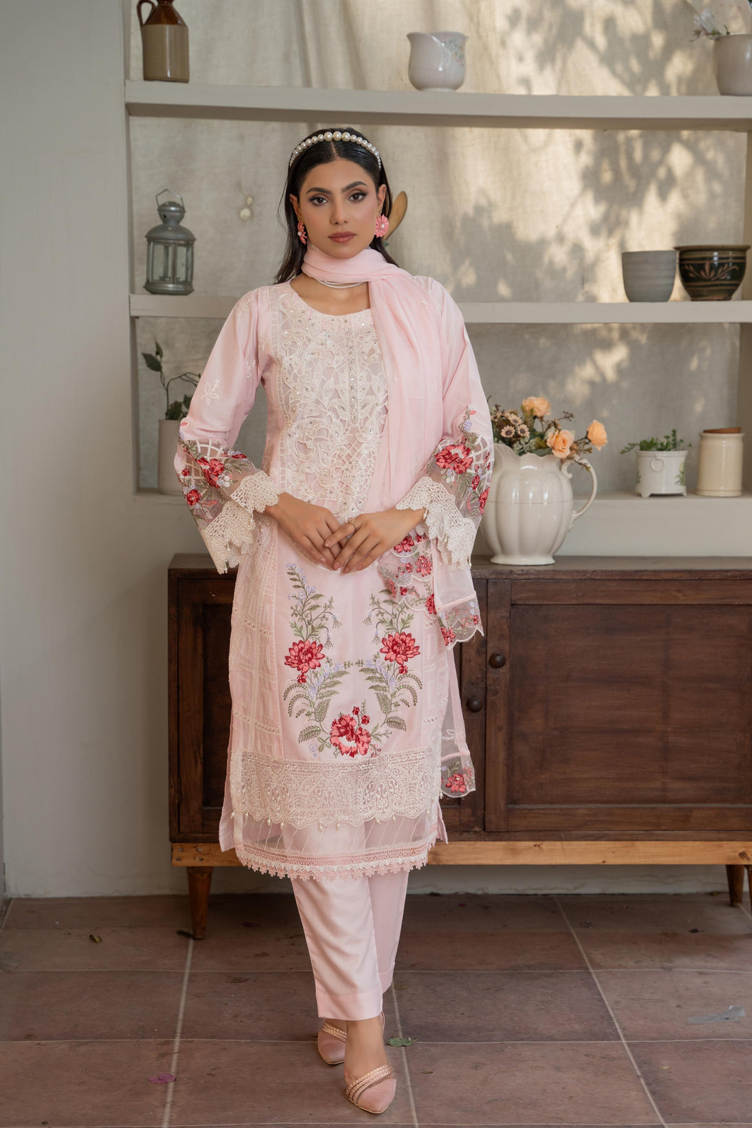 1141A - Pink Embroidered Linen 3 Piece suit