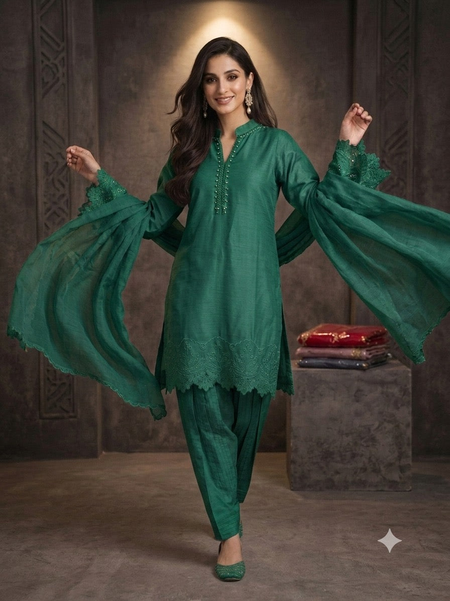 1116B - Green Embroidered Viscose Shalwar Suit