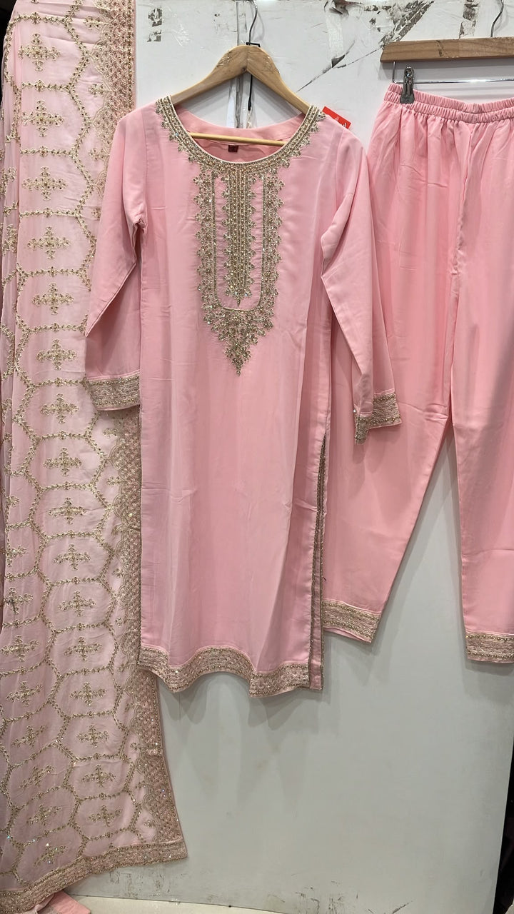 316D- PINK EMBROIDERED CHIFFON 3 PIECE SUIT