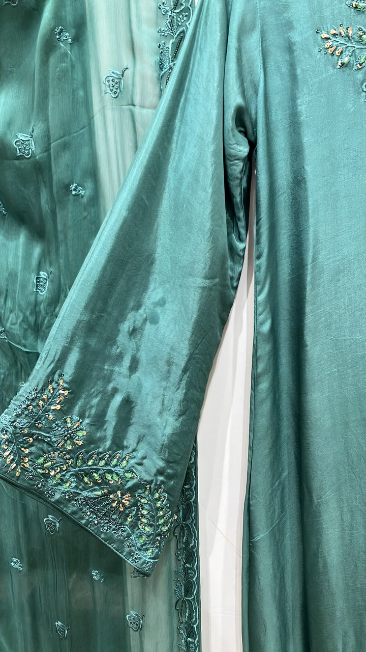 Zc2842b - Teal Tussle Silk Adda Work Kaftan Style Suit