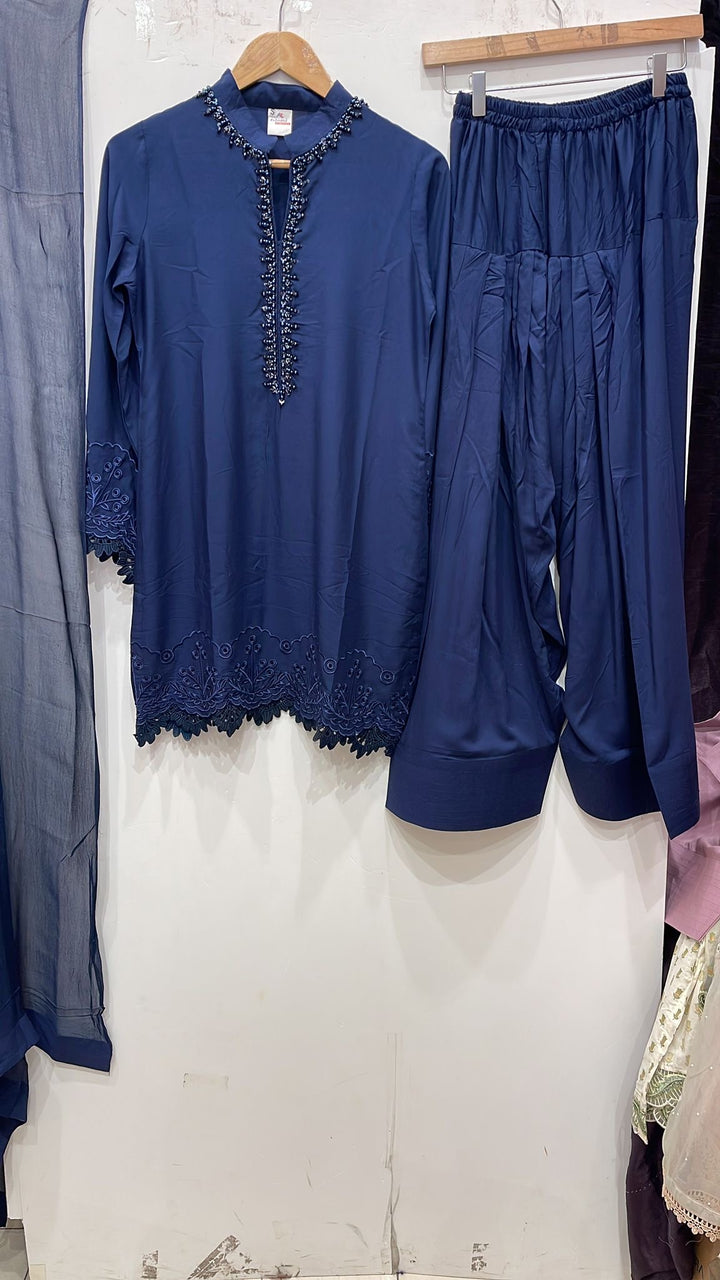NF04 - Blue Farshi Shalwar Embroidered linen suit