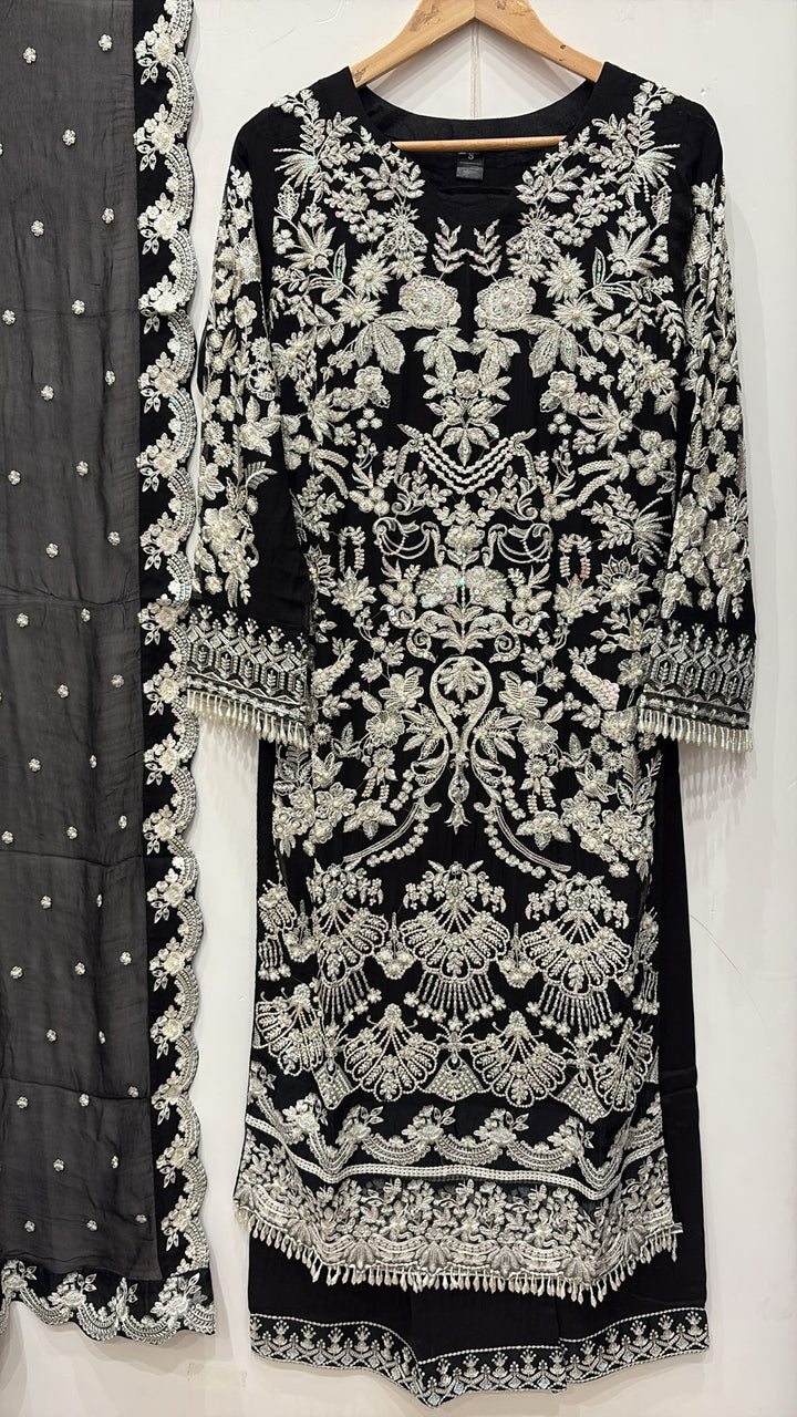 326C- Black Embroidered Chiffon 3 Piece Suit