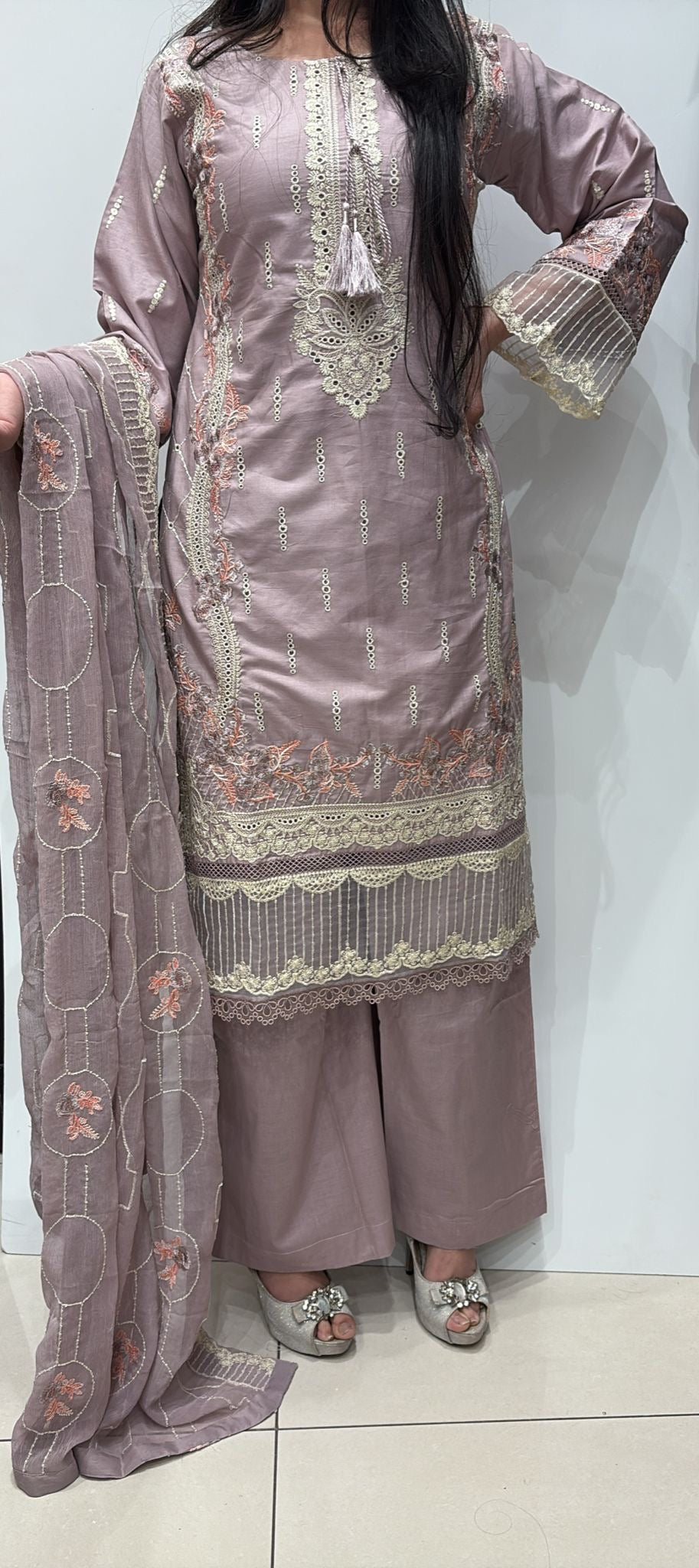 76A - Attire designer Purple Embroidered Cotton 3 piece suit