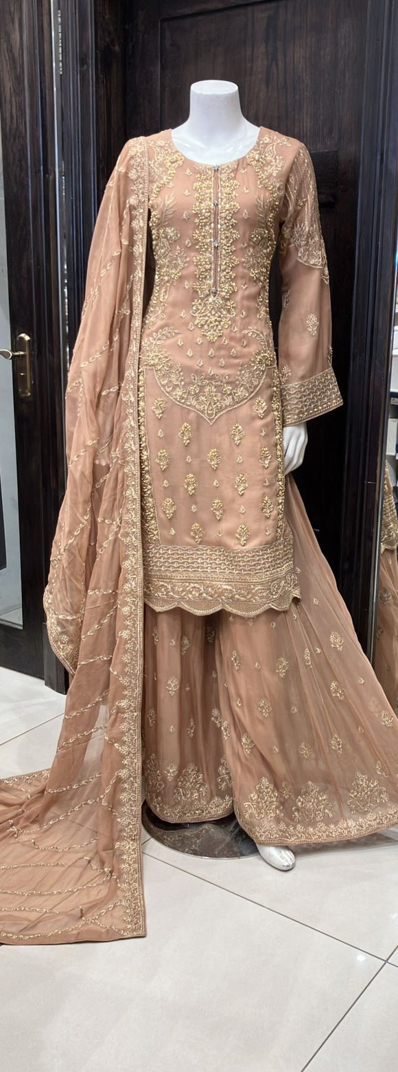 DUSTY PINK CHIFFON EMBROIDERED 3 PIECE SUIT 232E