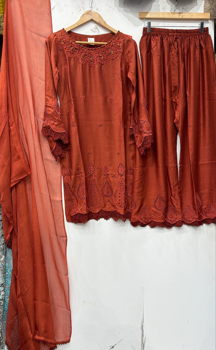 1134D - Rust Viscose Embroidered Pakistani Suit with Palazzo
