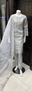 GREY EMBROIDERED ORGANZA & COTTON 3 PIECE SUIT 429D