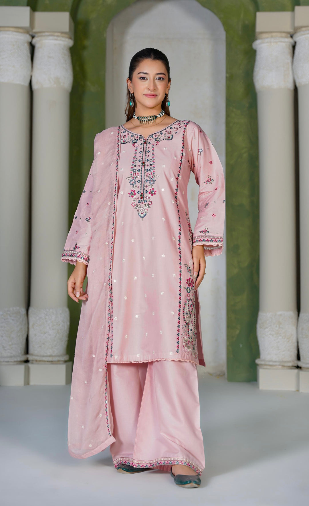 1190B - Pink Embroidered cotton 3 piece suit
