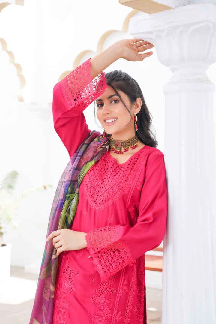 LP07C - RED EMBROIDERED LINEN 3 PIECE SUIT