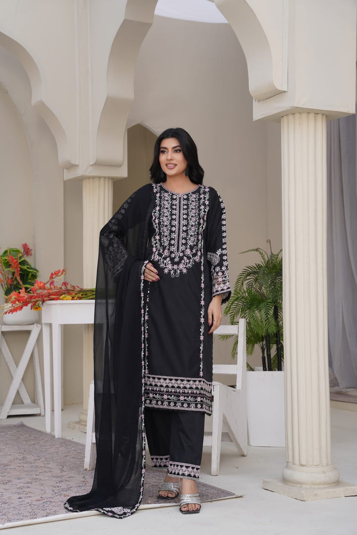 1172A - Black Embroidered Linen 3 Piece suit