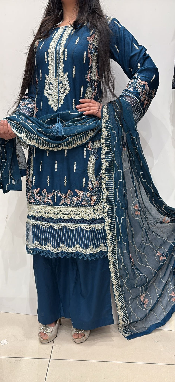 76B - Attire designer Teal Blue Embroidered Cotton 3 piece suit