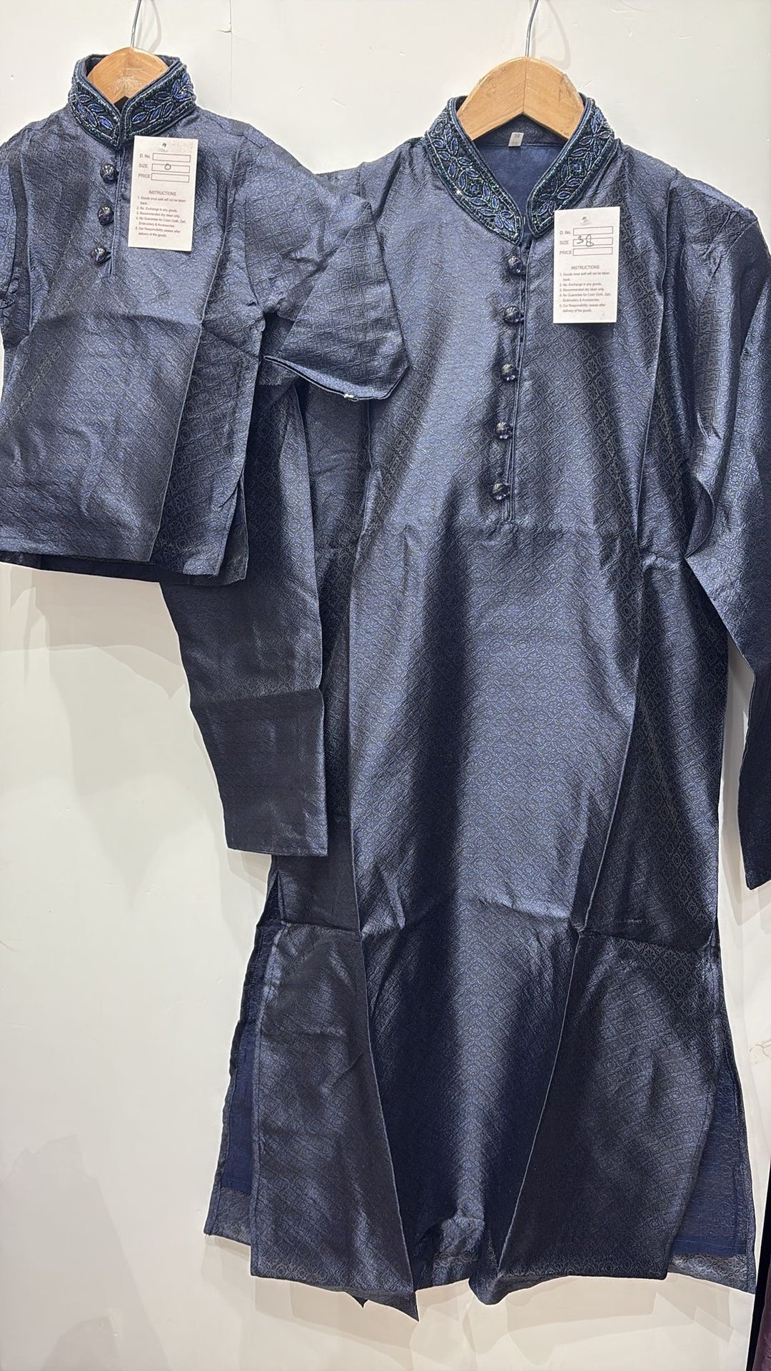 MSJ02 - Blue Embroidered Jacquard Silk Kurta Trousers Set for Men and Boys