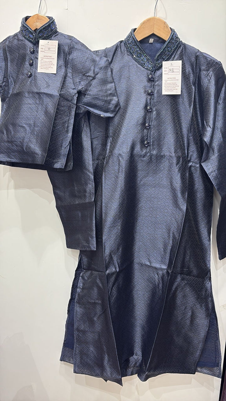 MSJ02 - Blue Embroidered Jacquard Silk Kurta Trousers Set for Men and Boys