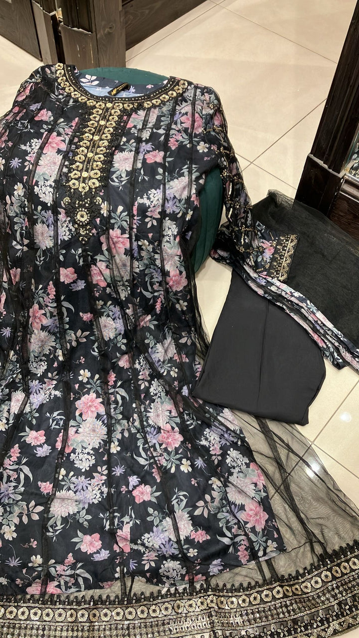 EMBROIDERED CHIFFON & NET 3 PIECE SUIT 302A