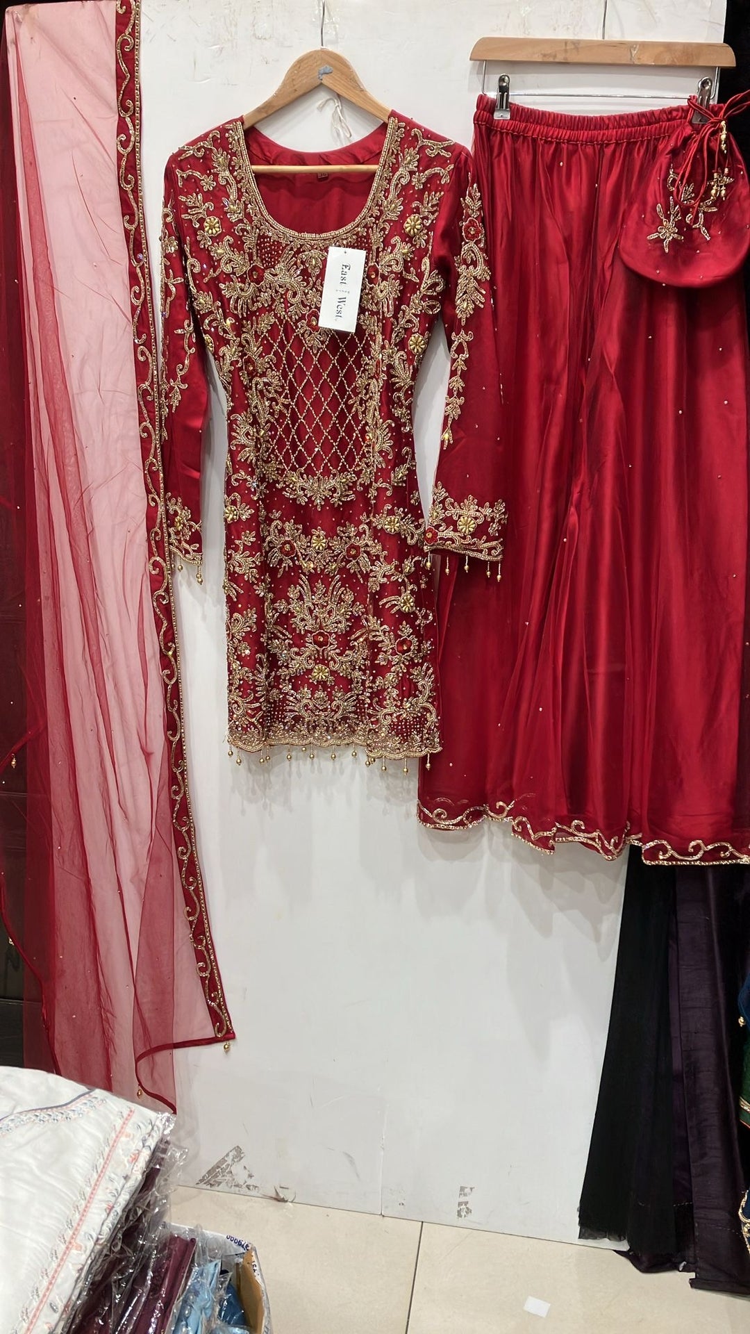 198B - RED EMBROIDERED & EMBELLISHED NET SUIT