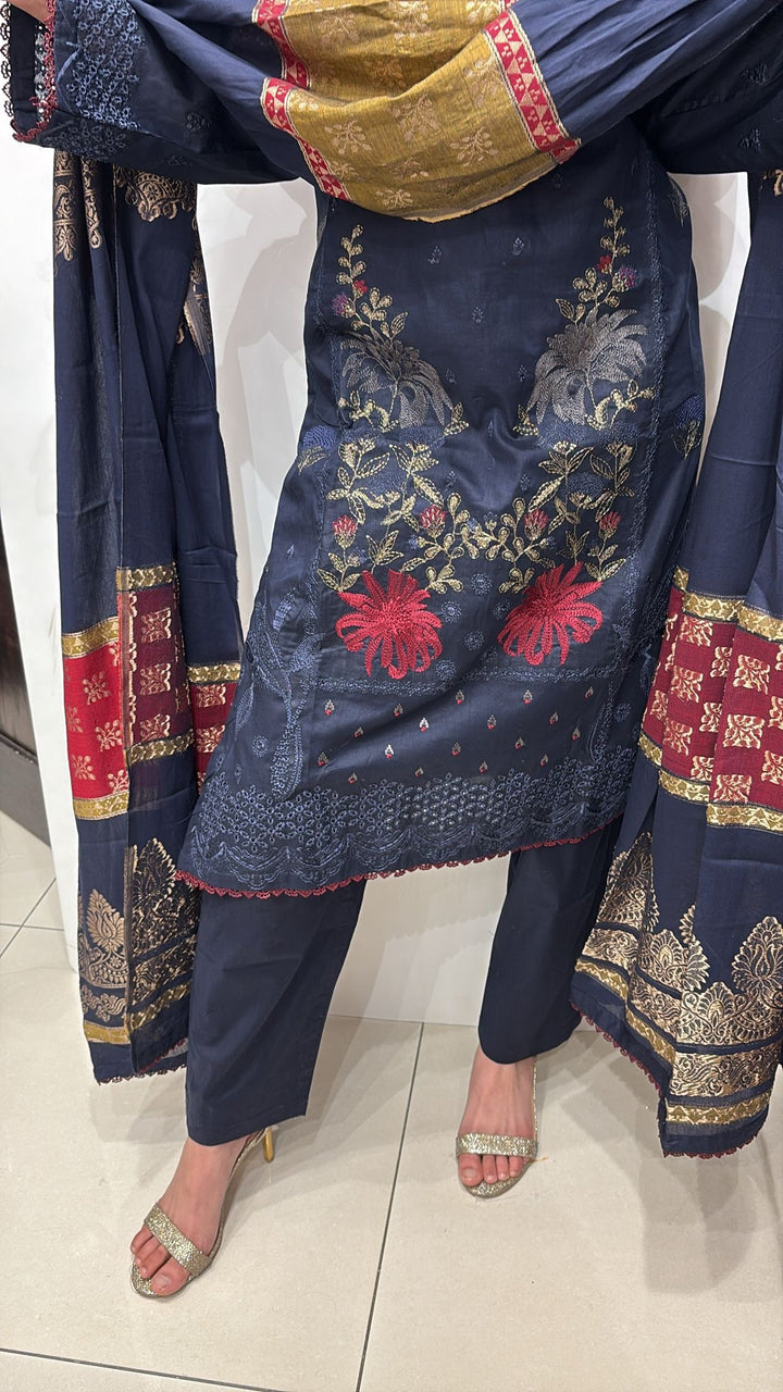 GBR02 - BLUE EMBROIDERED COTTON SUIT JACQUARD DUPATTA