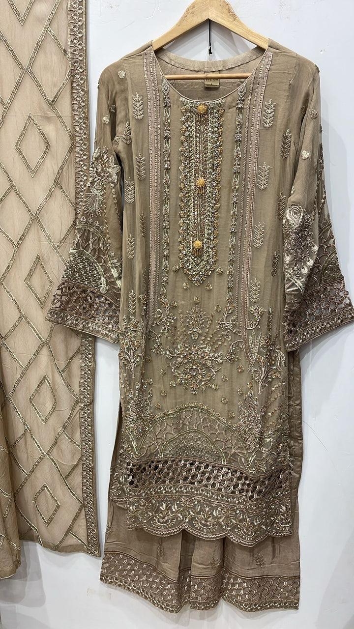 335D - Beige Gold Embroidered Chiffon 3 Piece Suit