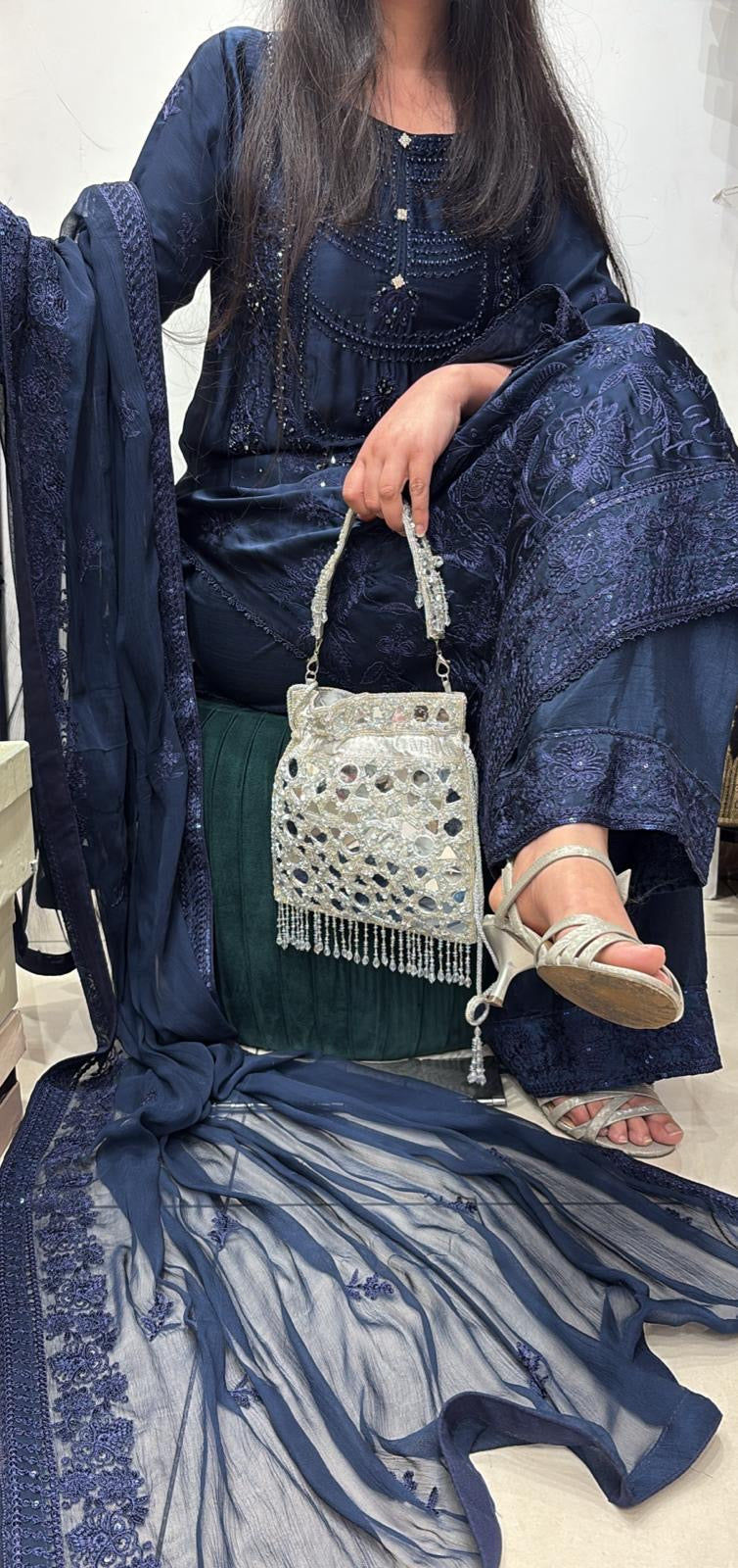 AG23a- BLUE EMBROIDERED SILK 3 PIECE SUIT
