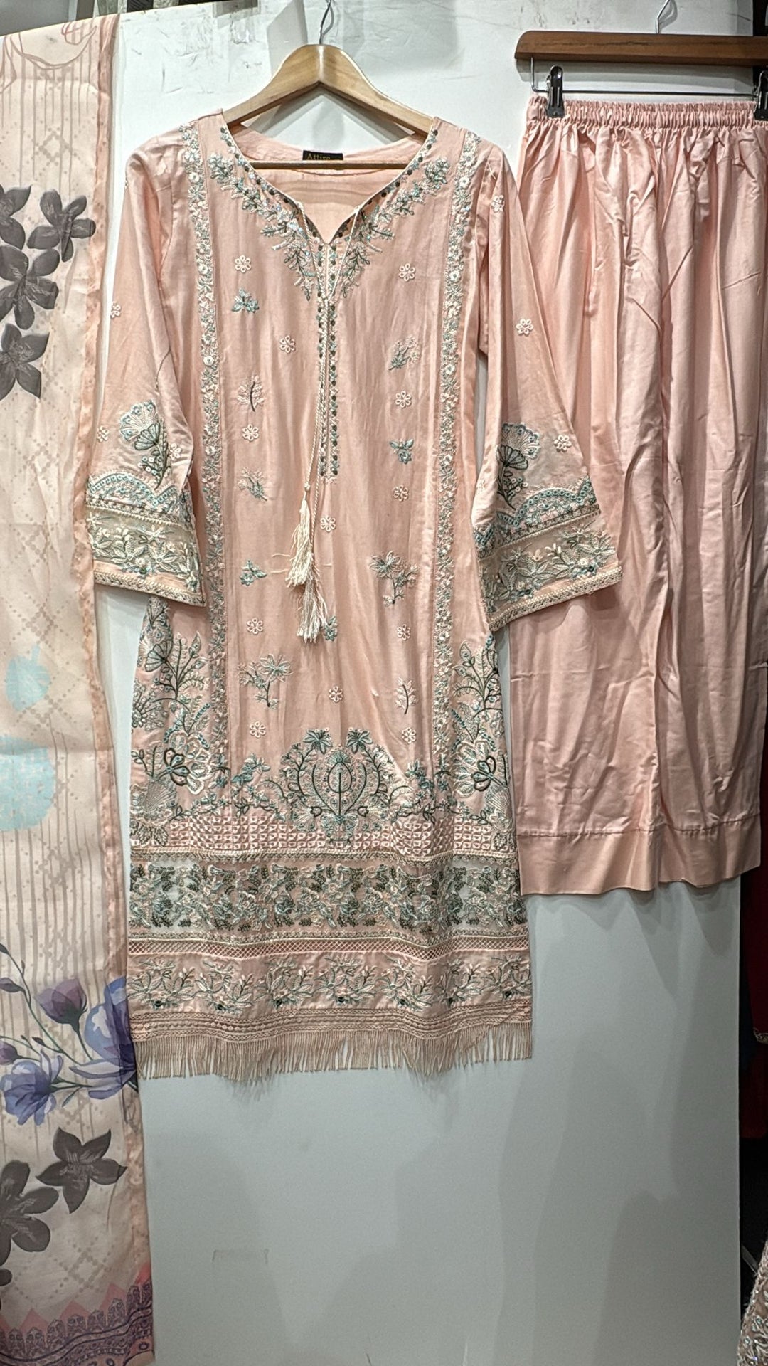 1154B - Peach Embroidered Linen 3 Piece suit