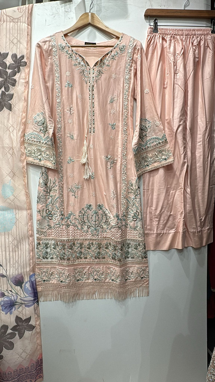 1154B - Peach Embroidered Linen 3 Piece suit