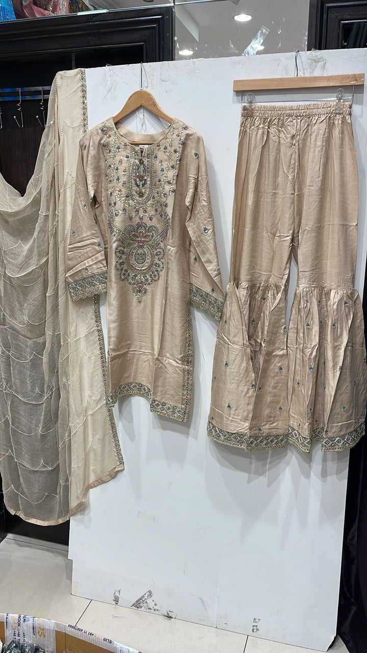 1162B - Beige Embroidered Linen 3 Piece Sharara suit