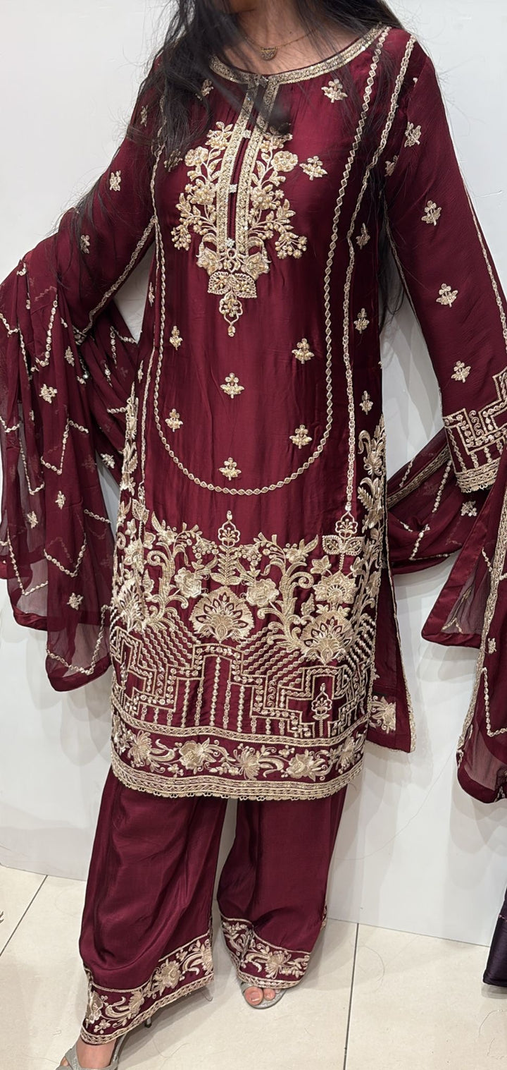 MAROON EMBROIDERED SILK 3 PIECE SUIT AG15c