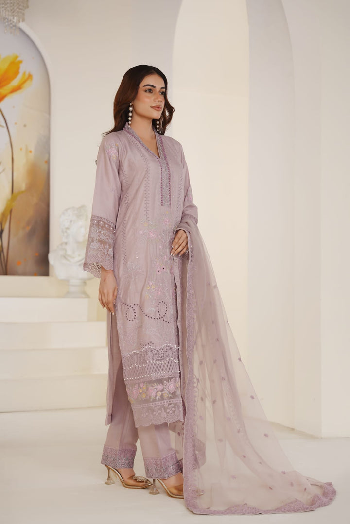 1165B - Mauve Embroidered Linen Chikankari 3 Piece suit