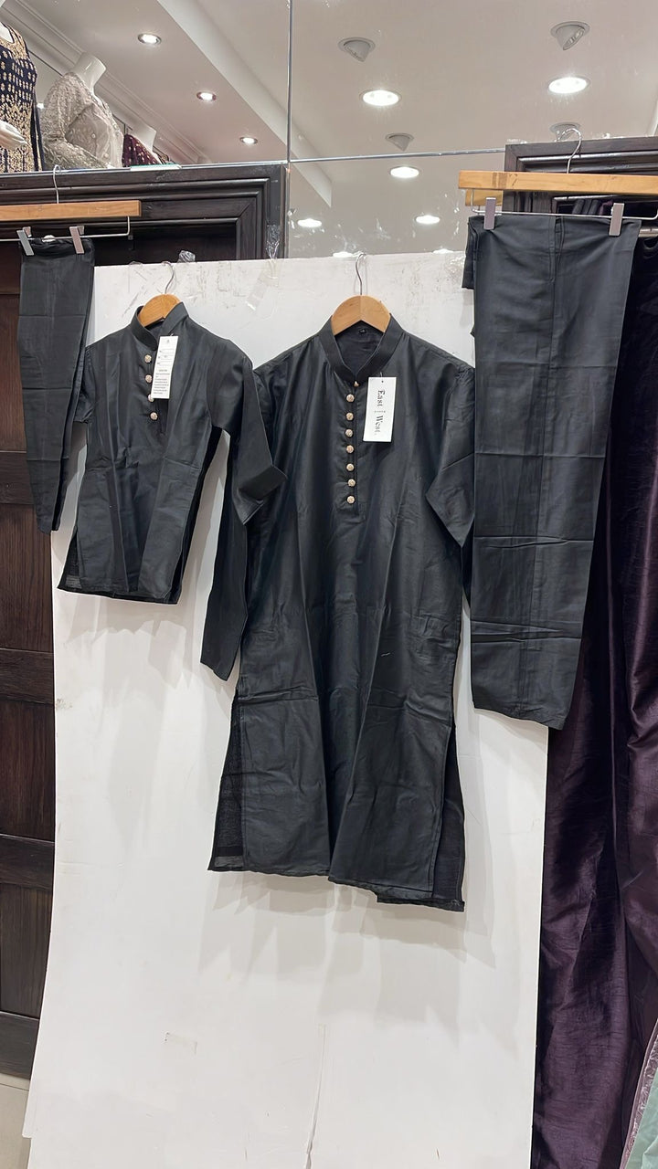 CK603E- Black cotton satin kameez set for Men & Boy