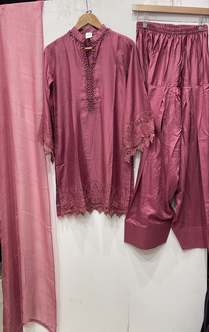 NF01 - Pink Farshi Shalwar Embroidered linen suit
