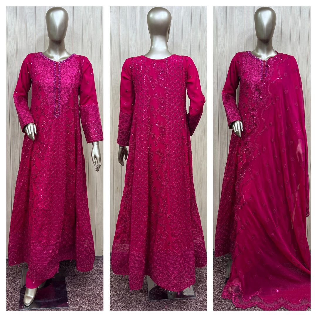 1915A - FUCHSIA PINK CHIFFON EMBROIDERED LONG DRESS - East meets west clothing 