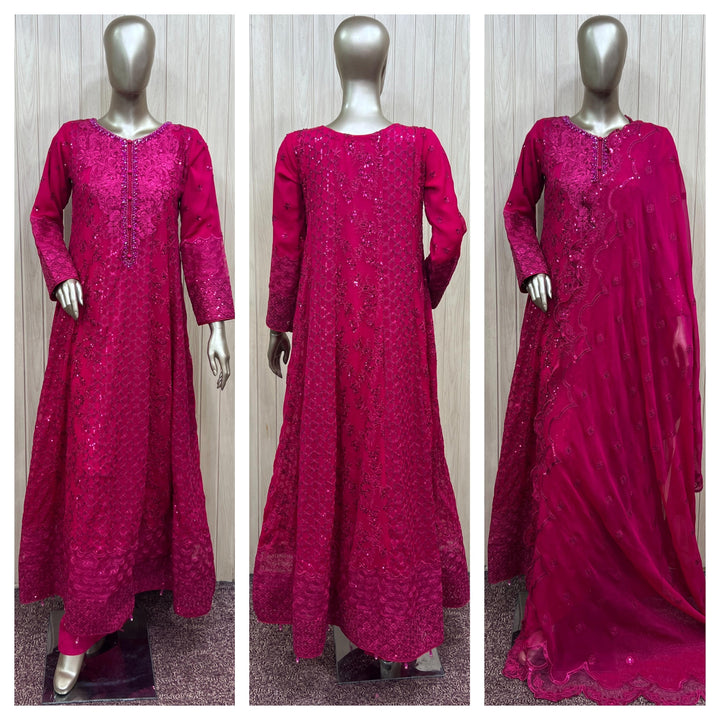 1915A - FUCHSIA PINK CHIFFON EMBROIDERED LONG DRESS - East meets west clothing 