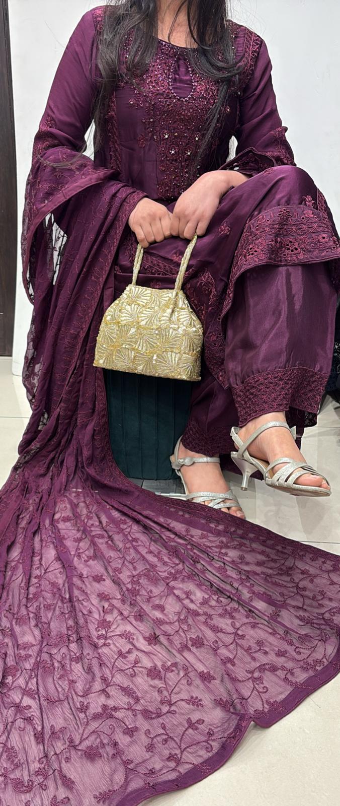 AG22f- PURPLE EMBROIDERED SILK 3 PIECE SUIT