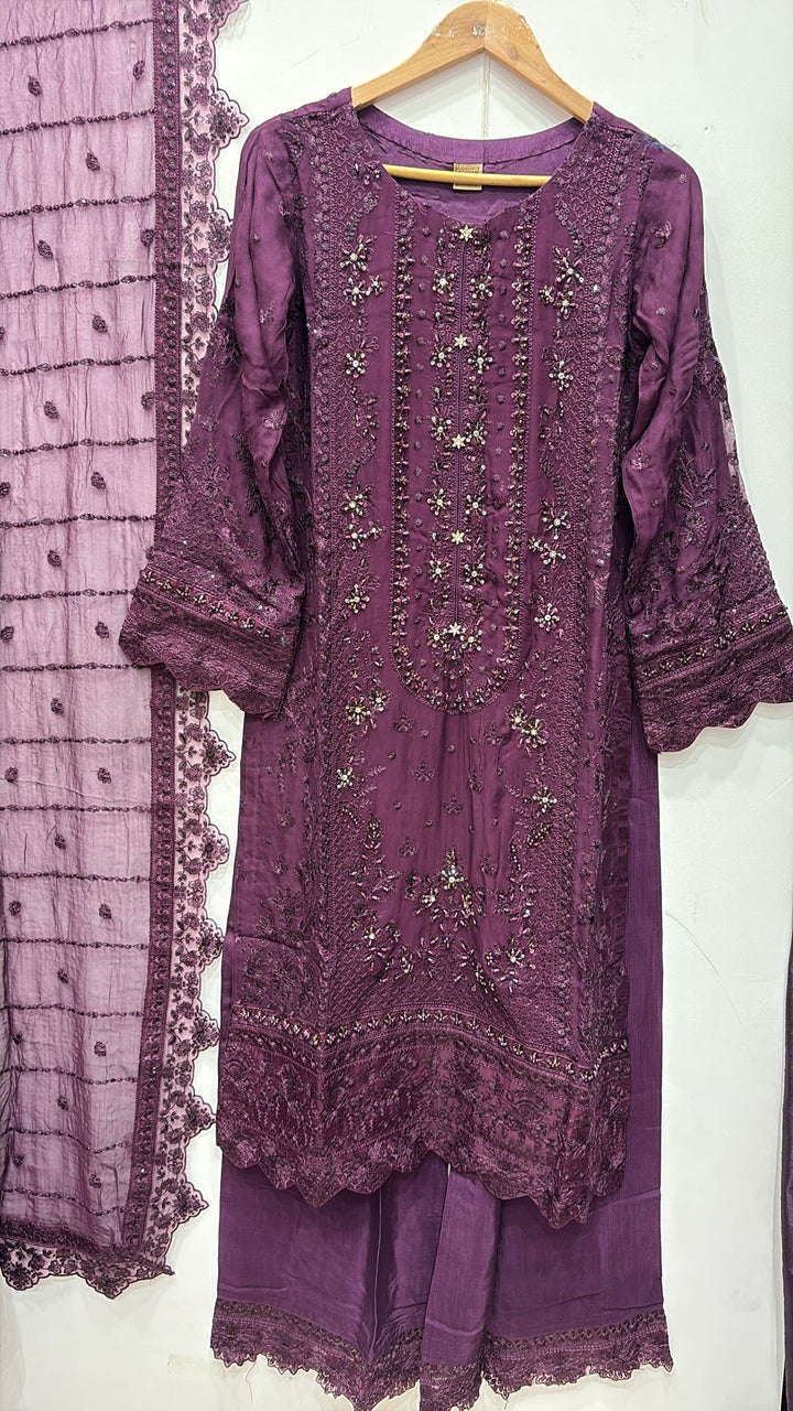 327C- Purple Embroidered Chiffon 3 Piece Suit