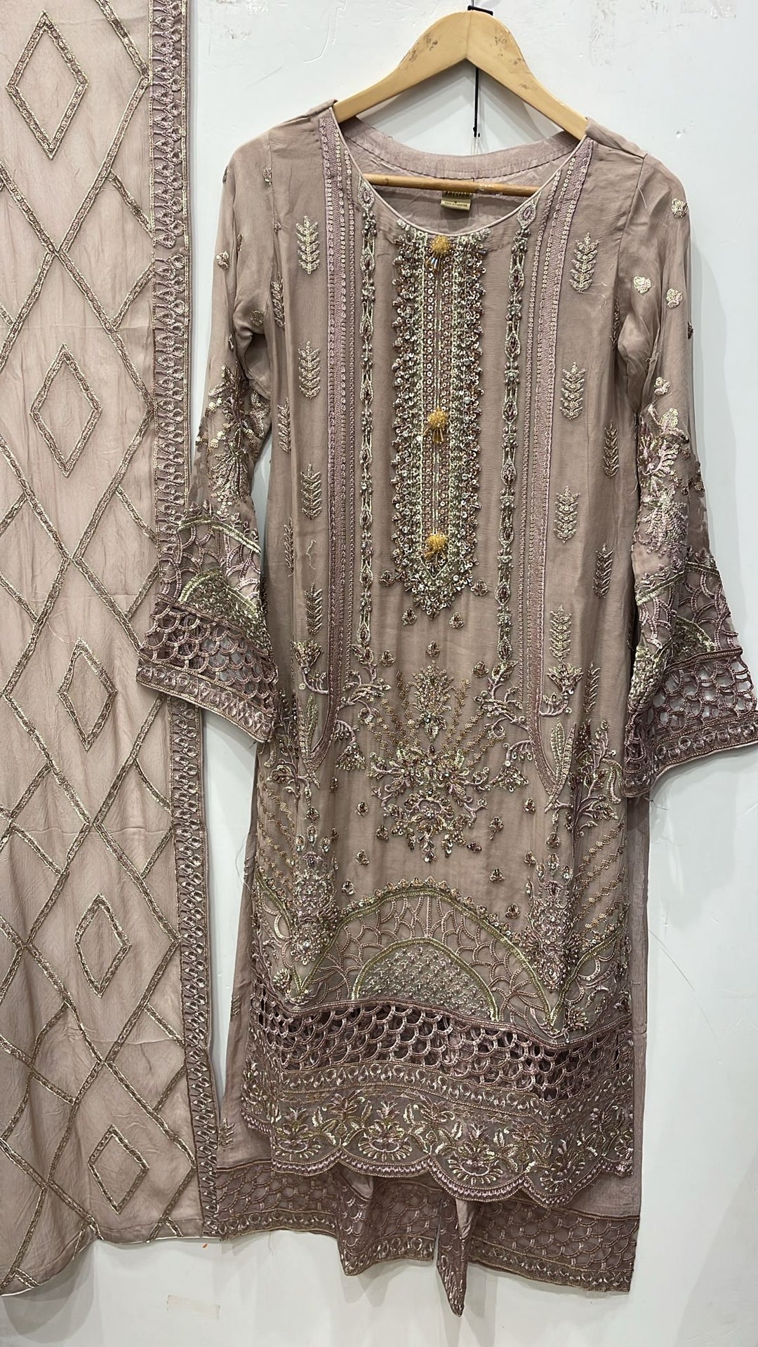 335A - Dusty Pink Embroidered Chiffon 3 Piece Suit