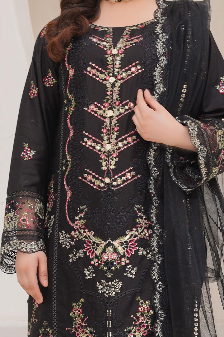 77A - Maria b inspired Black Embroidered Cotton 3 piece suit