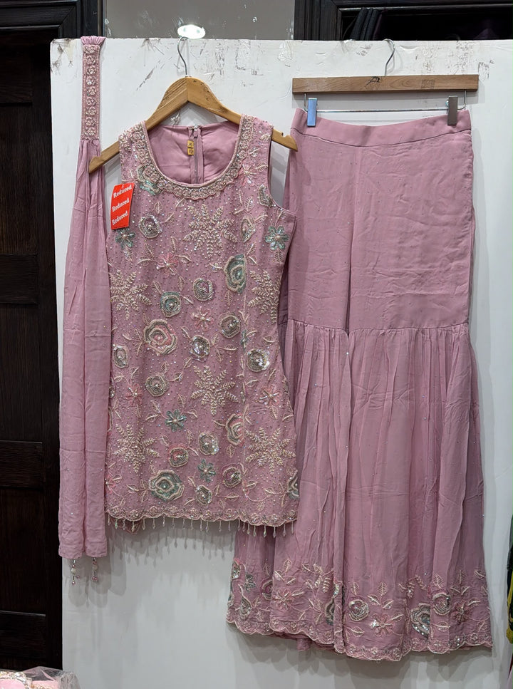 3115A Girls’ Purple hand Embroidered Georgette Sharara dress with choker Dupatta