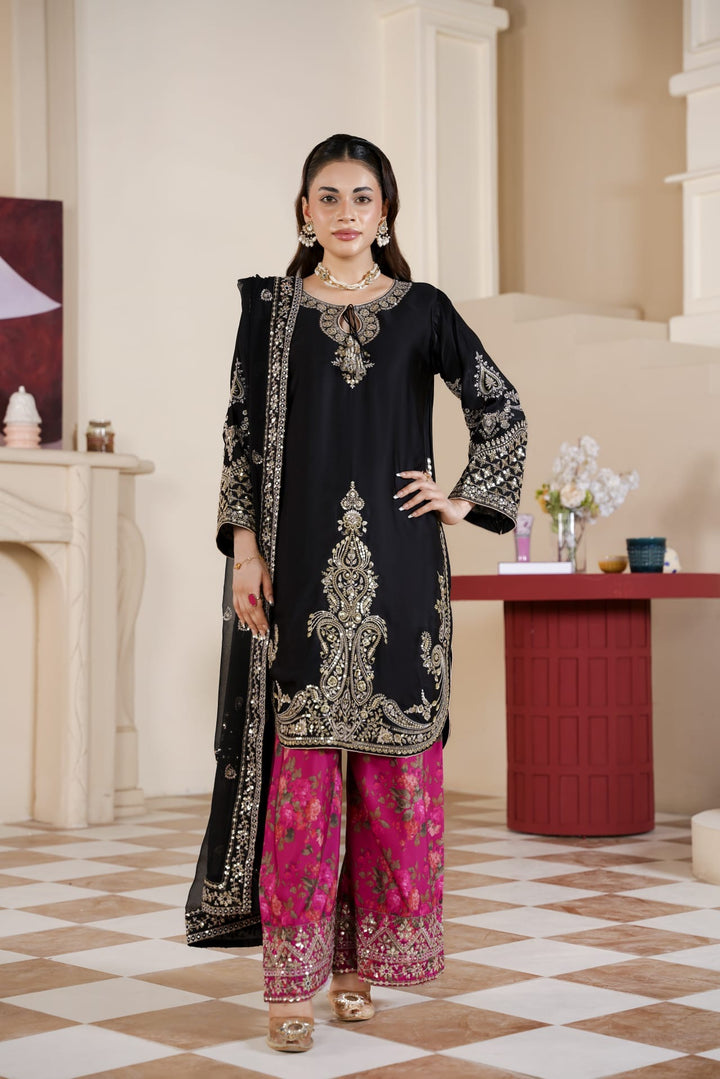 333C - Black/Pink Embroidered Shamoz Silk 3 Piece Suit
