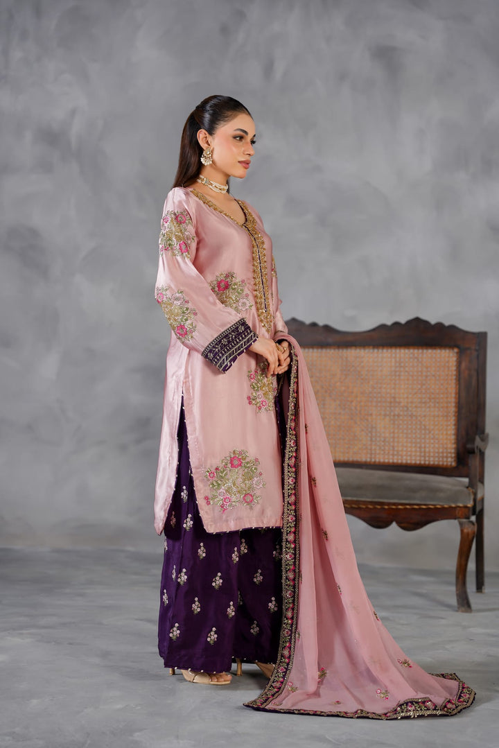 335G- Pink Embroidered Shamoz Silk 3 Piece Suit