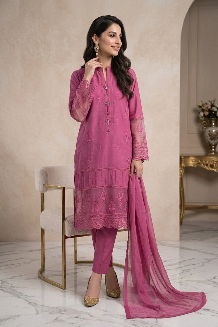 1114B - Pink Embroidered Linen 3 Piece suit