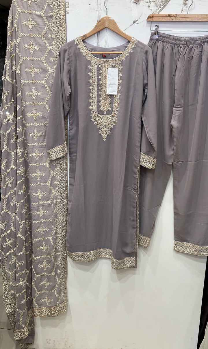 316A- MAUVE GREY EMBROIDERED CHIFFON 3 PIECE SUIT