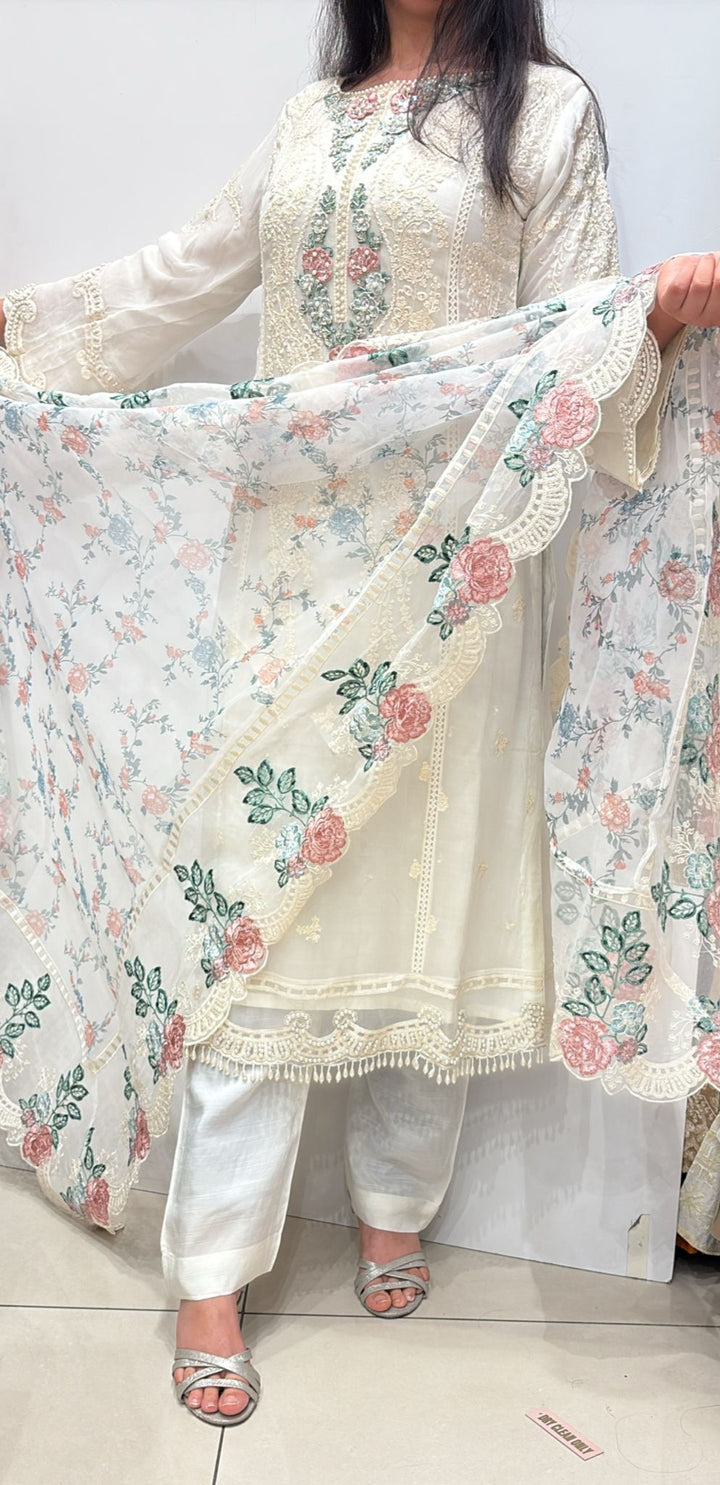 IVORY EMBROIDERED CHIFFON 3 PIECE SUIT 228B