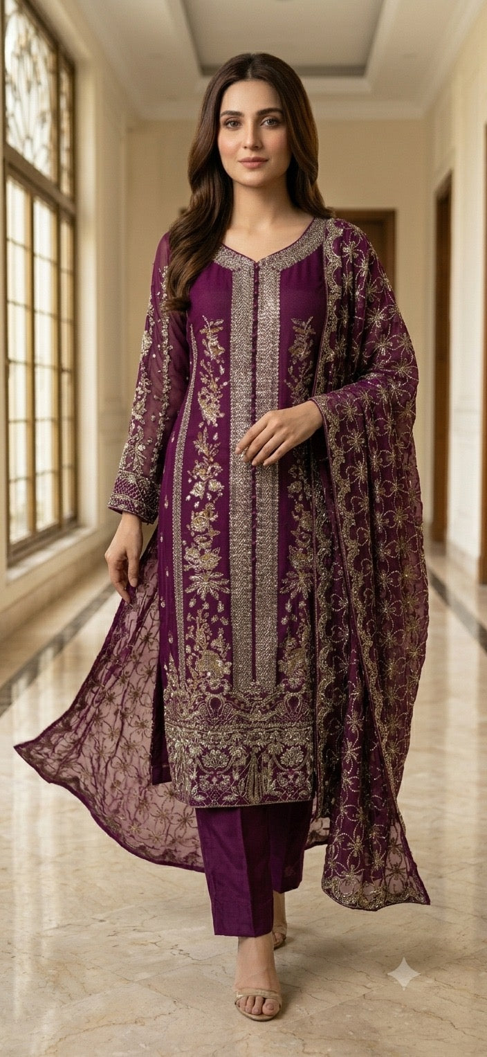 317D - PLUM EMBROIDERED CHIFFON 3 PIECE SUIT