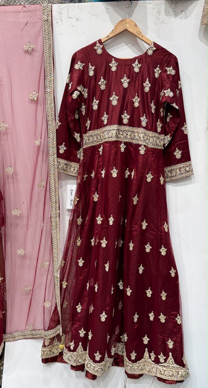 134D - Maroon Net  Embroidered Maxi Dress