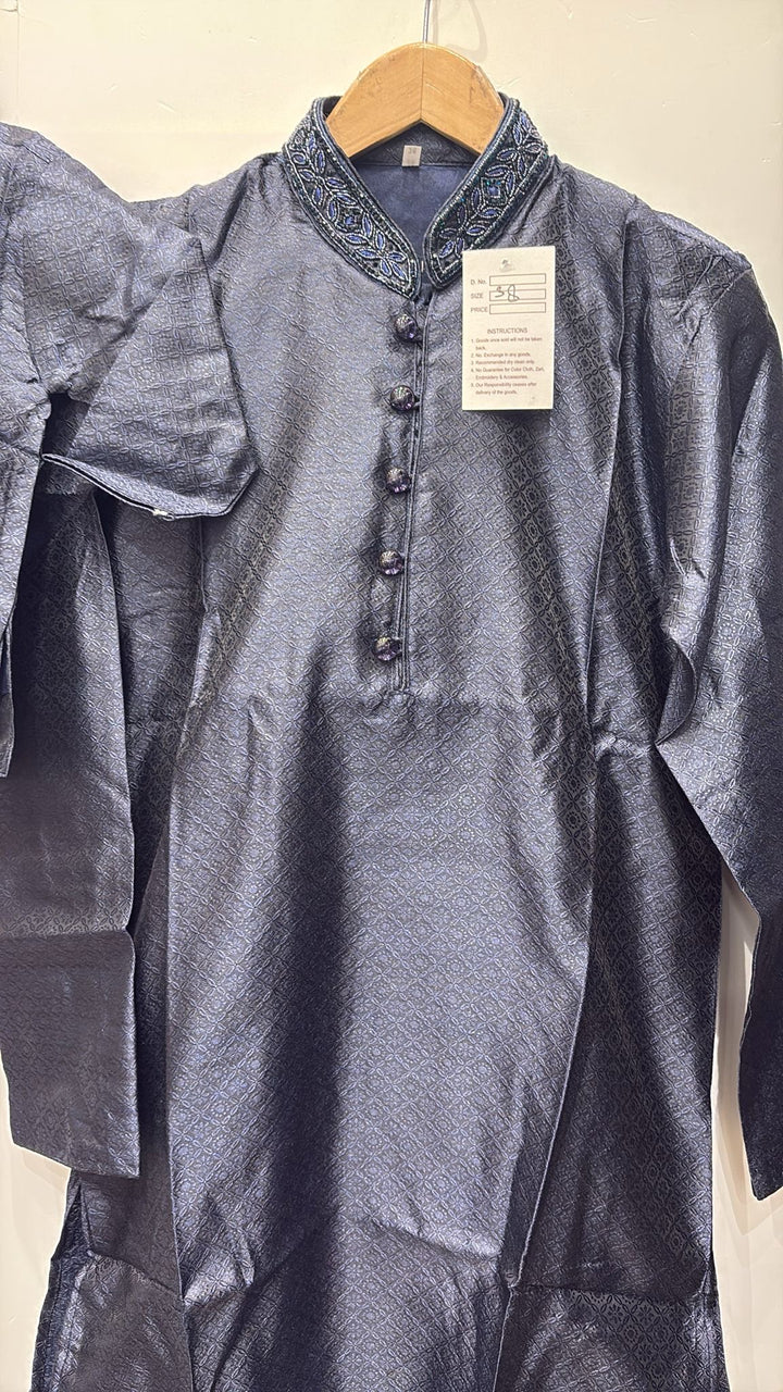 MSJ02 - Blue Embroidered Jacquard Silk Kurta Trousers Set for Men and Boys