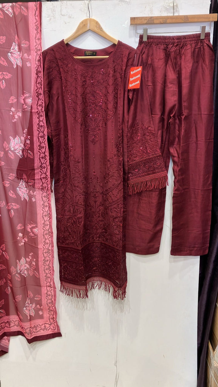 1183A - Red Embroidered linen 3 piece suit