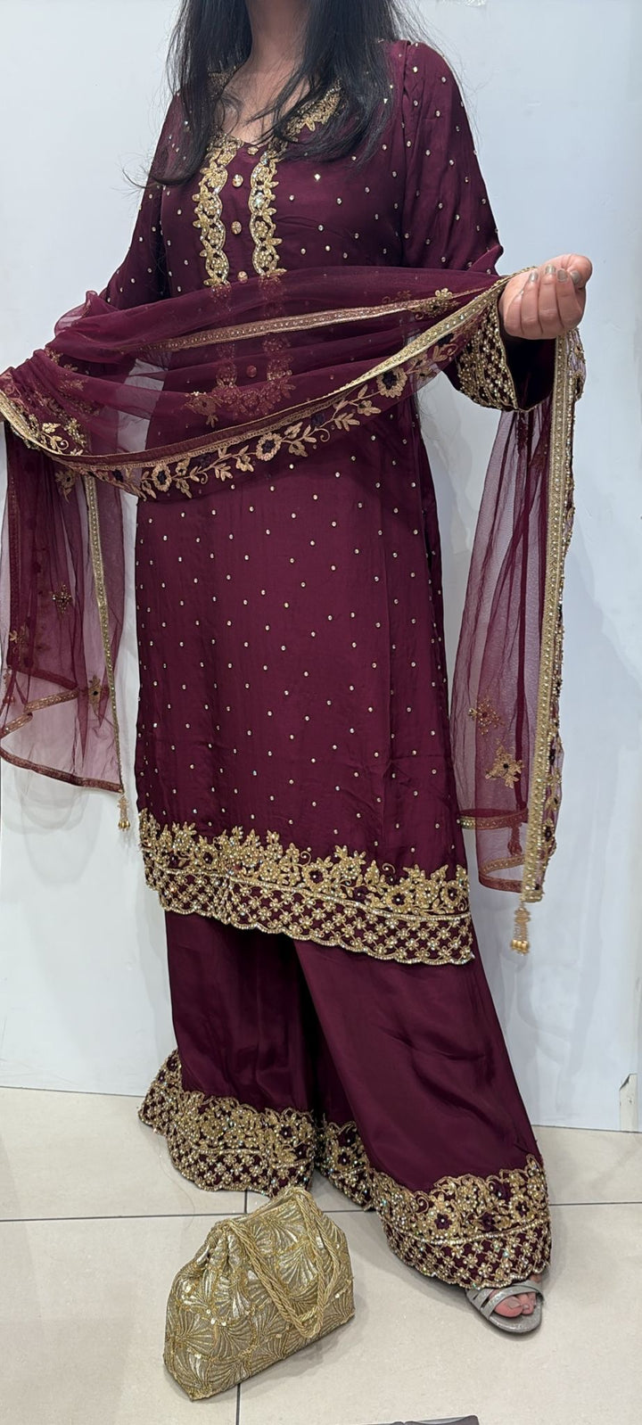 0142B- PLUM GEORGETTE FARSHI PALAZZO SUIT