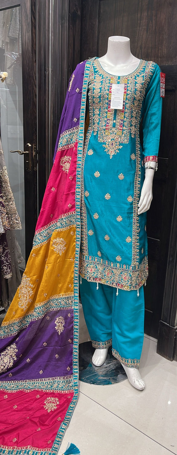 EMBROIDERED RAW SILK 3 PIECE SUIT 397C