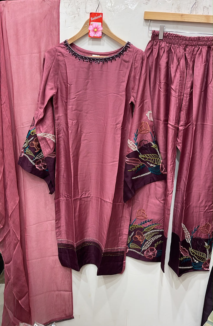 1180B - Pink Viscose Embroidered Pakistani Suit with Palazzo & Chiffon Dupatta