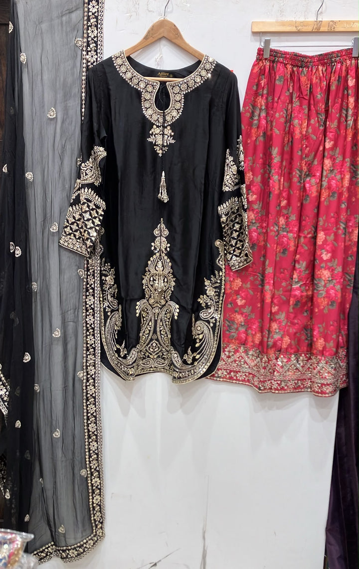 333C - Black/Pink Embroidered Shamoz Silk 3 Piece Suit