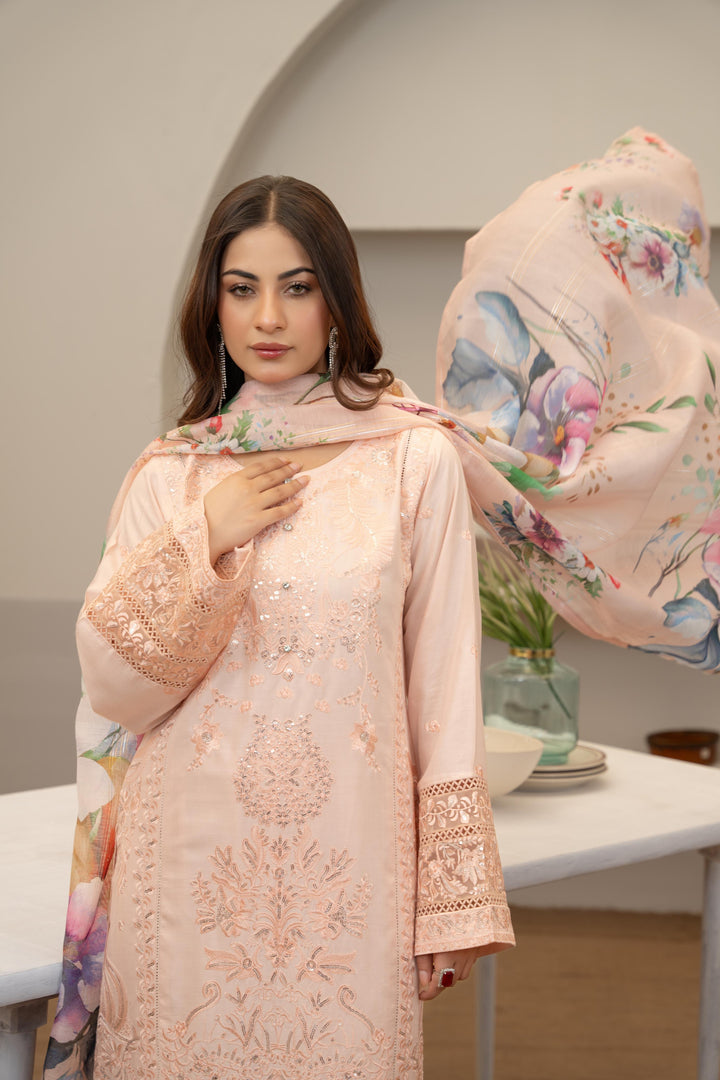 71A - Maria b inspired Peachy Pink Embroidered Cotton 3 piece suit
