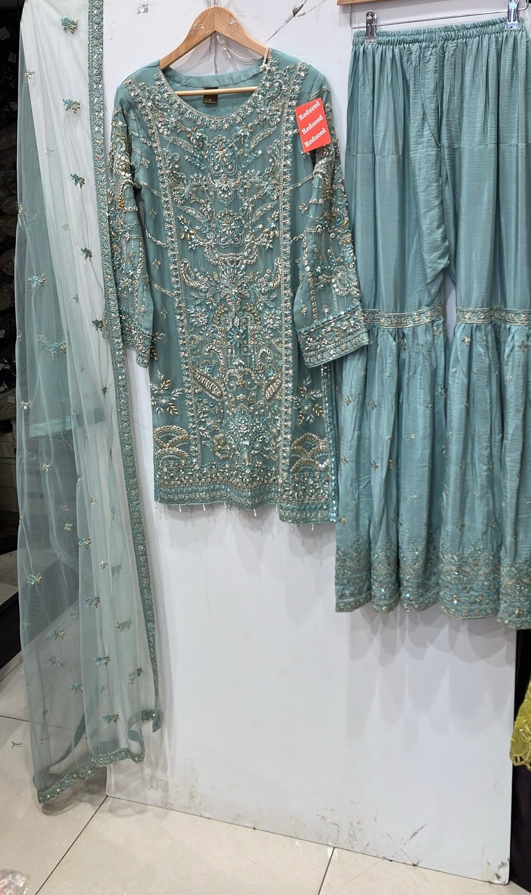 353C - Light Blue Embroidered Chiffon Gharara 3 Piece Suit